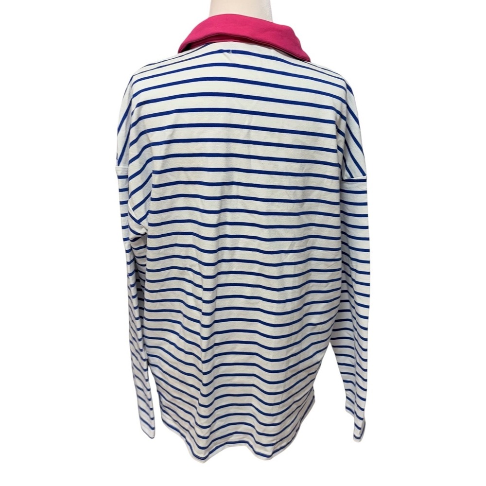 NEW‎ Blue White Striped Long Sleeve Polo Pullover Sweatshirt Medium Pink Collar - Picture 4 of 6